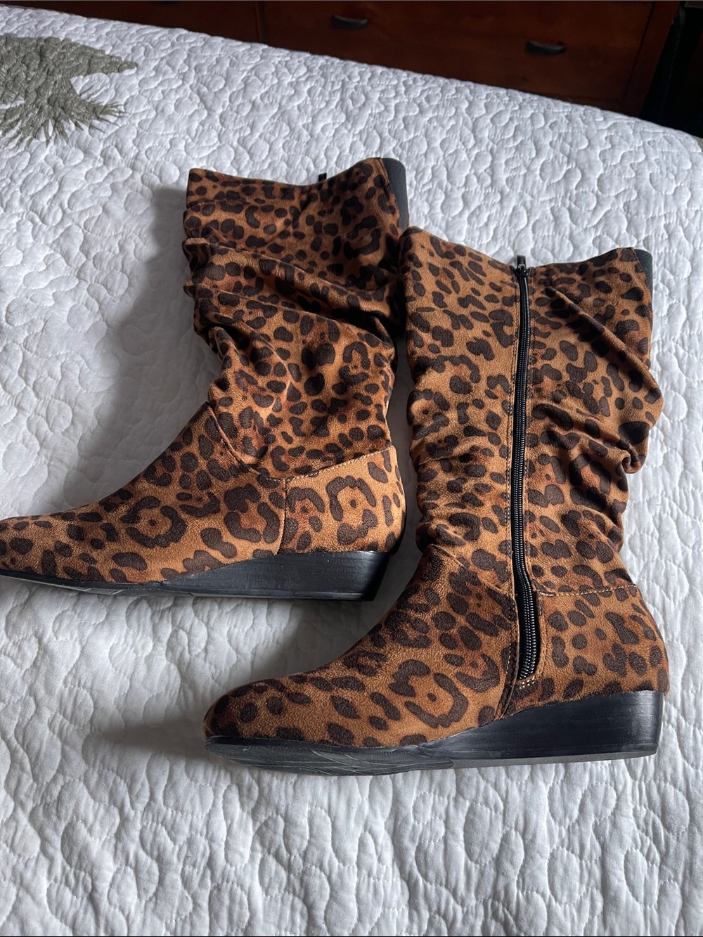 Women's Leopard Print Wedge Mid-Calf Boots - Brown